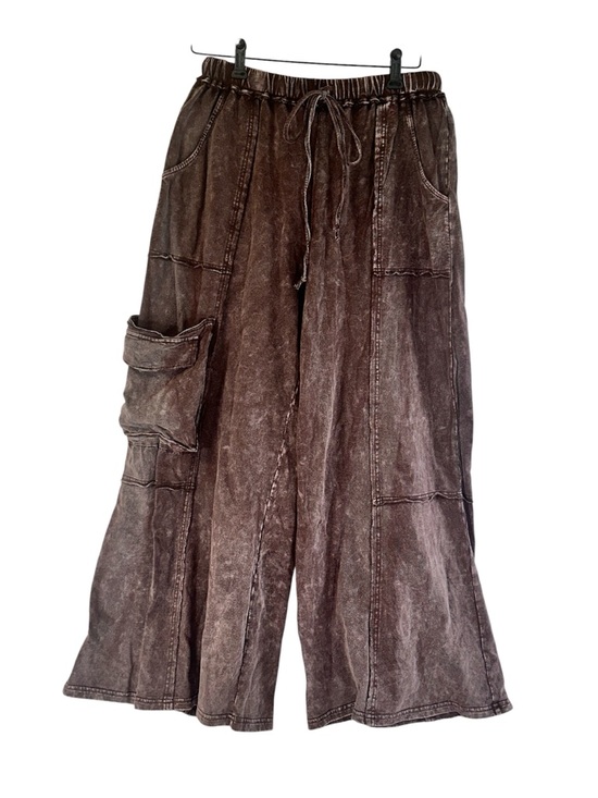 Easel Los Angeles Pants - Easel Los Angeles Brown Mineral Wash Wide Leg Pants Boho Cargo Drawstring Size S